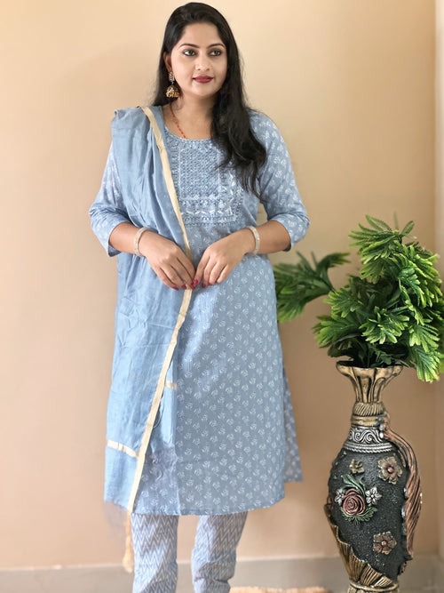 Nisha's Thread Flowral Printed Cotton Suit Womens Kurta Pant Dupatta Set