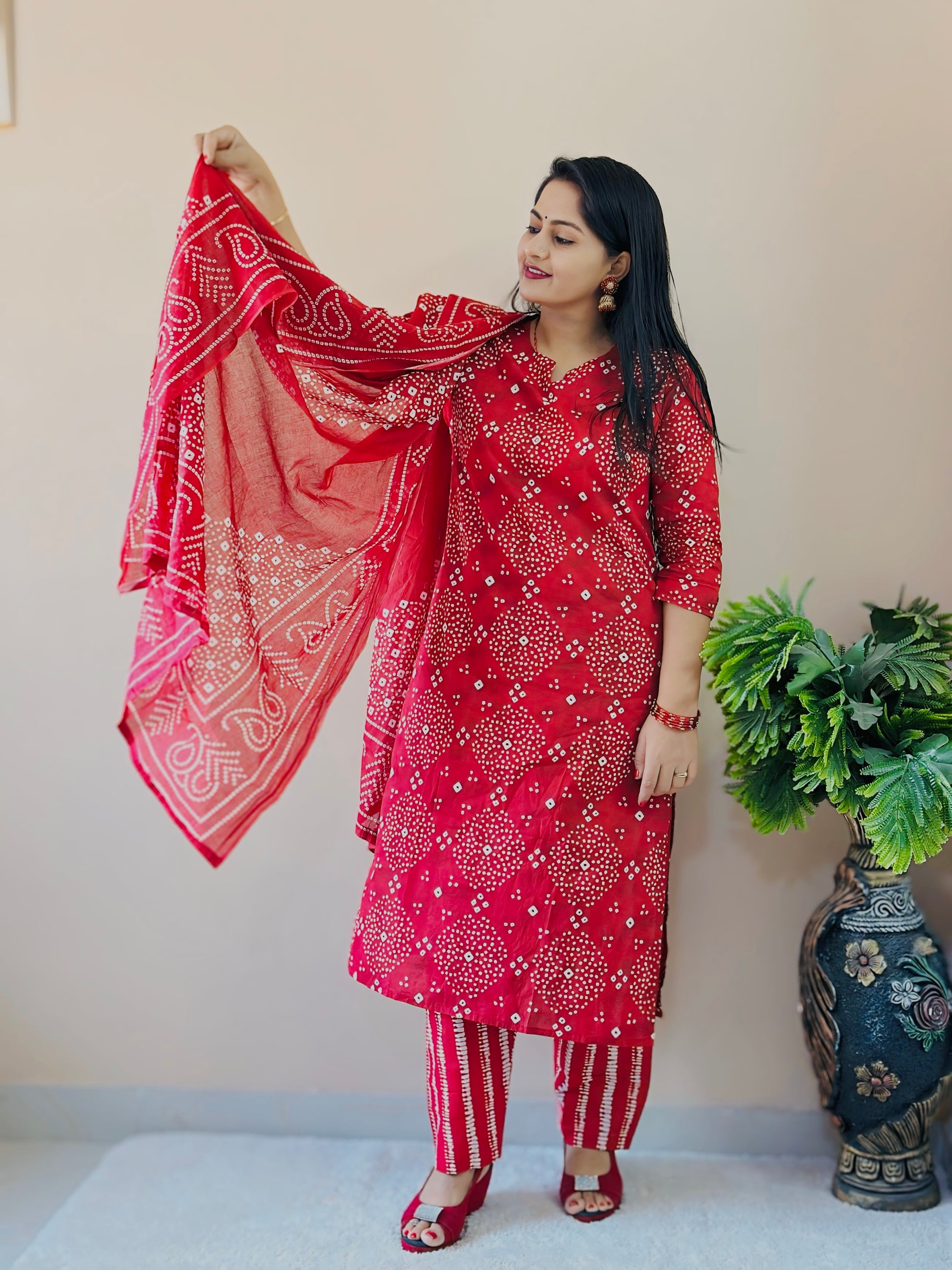 Red Bandhani Printed Kurta Set with Dupatta Ethnic Wear for Women Nishas Thread