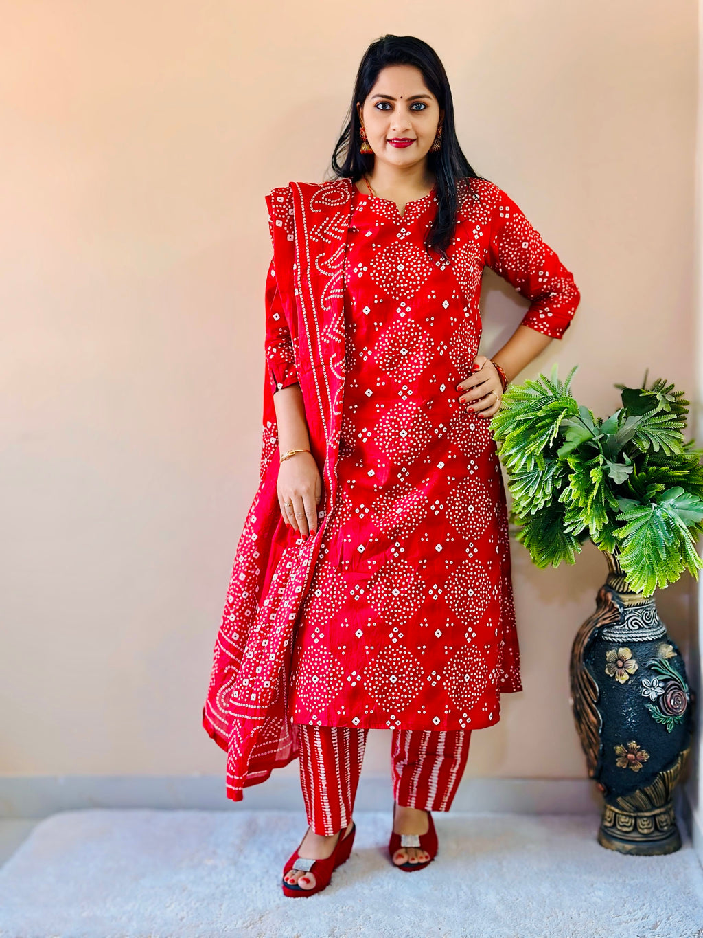 Red Bandhani Printed Kurta Set with Dupatta Ethnic Wear for Women Nishas Thread
