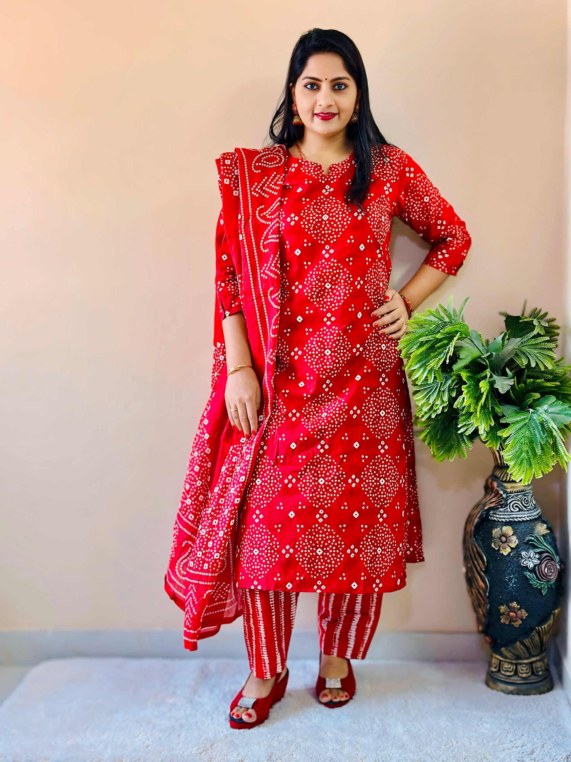 Red Bandhani Printed Kurta Set with Dupatta Ethnic Wear for Women Nishas Thread