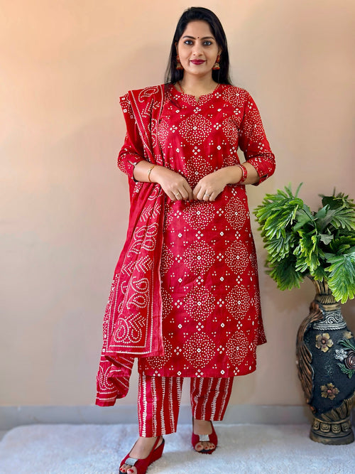 Red Bandhani Printed Kurta Set with Dupatta Ethnic Wear for Women Nishas Thread