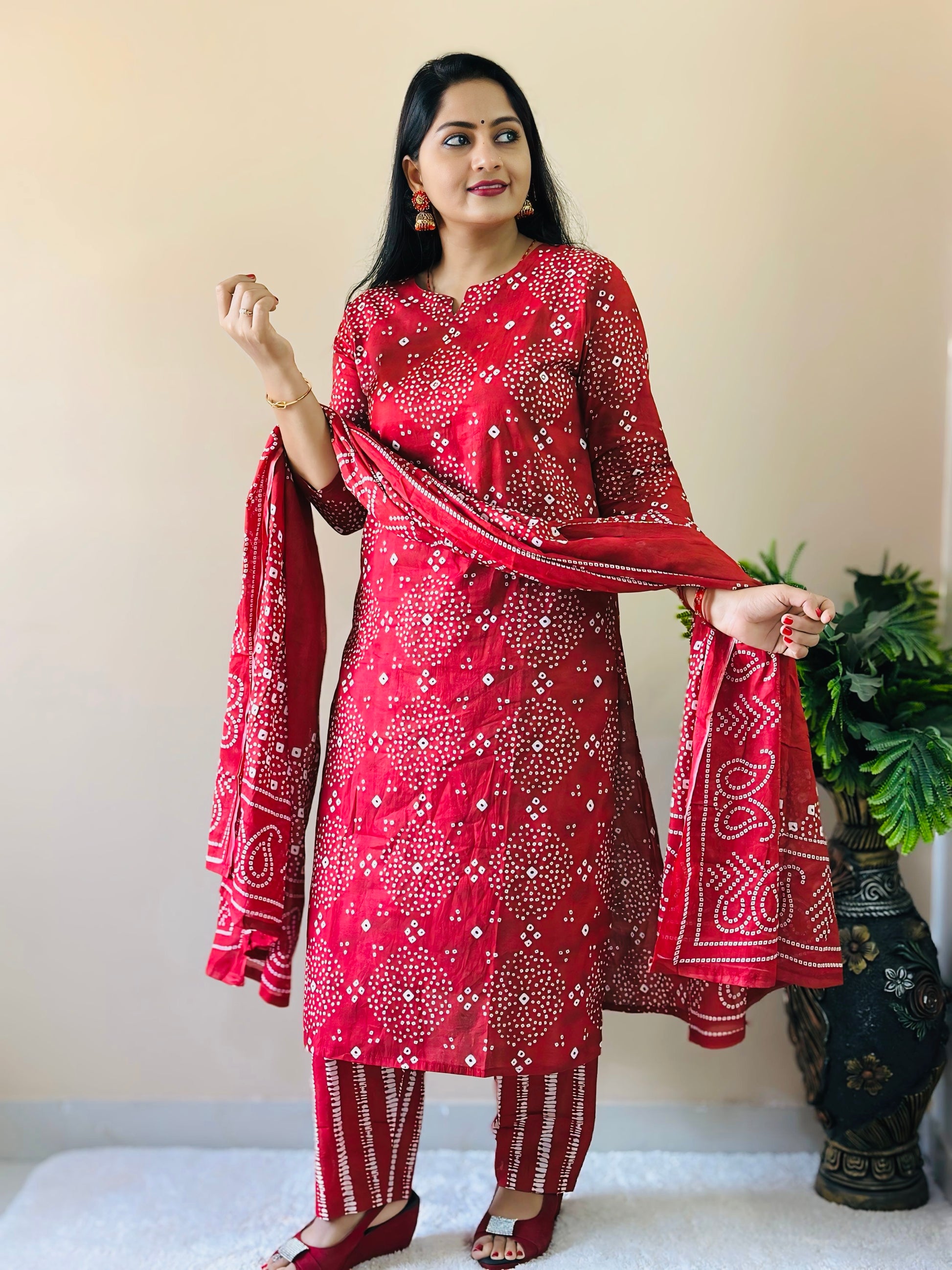 Red Bandhani Printed Kurta Set with Dupatta Ethnic Wear for Women Nishas Thread