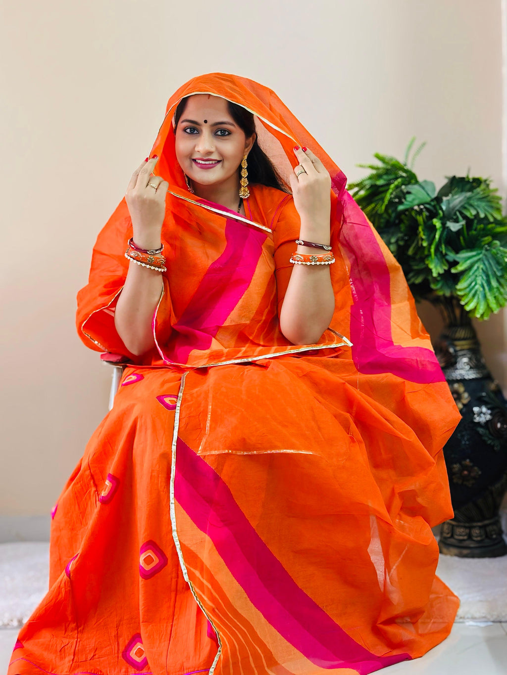 Rajputi Poshak Unstitched Orange Cotton Suit Fabric
